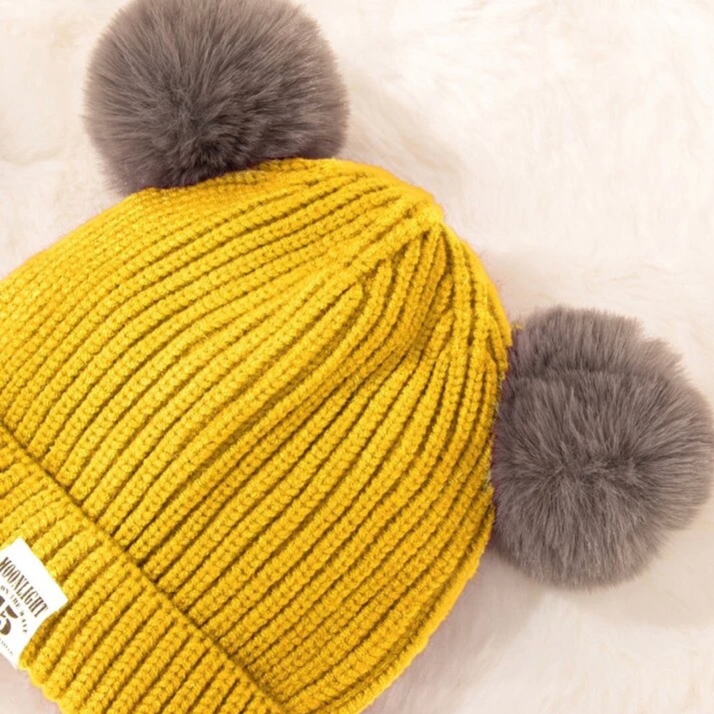 Yellow Toddler Double Pom Pom Beanie - Picture 3 of 4